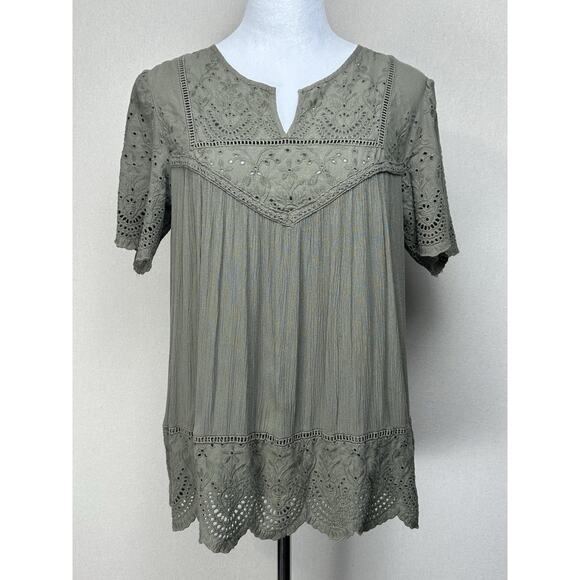 Knox Rose Women’s Baby Doll Top With Eyelet Lace Bodice & Trim Medium - Picture 1 of 11